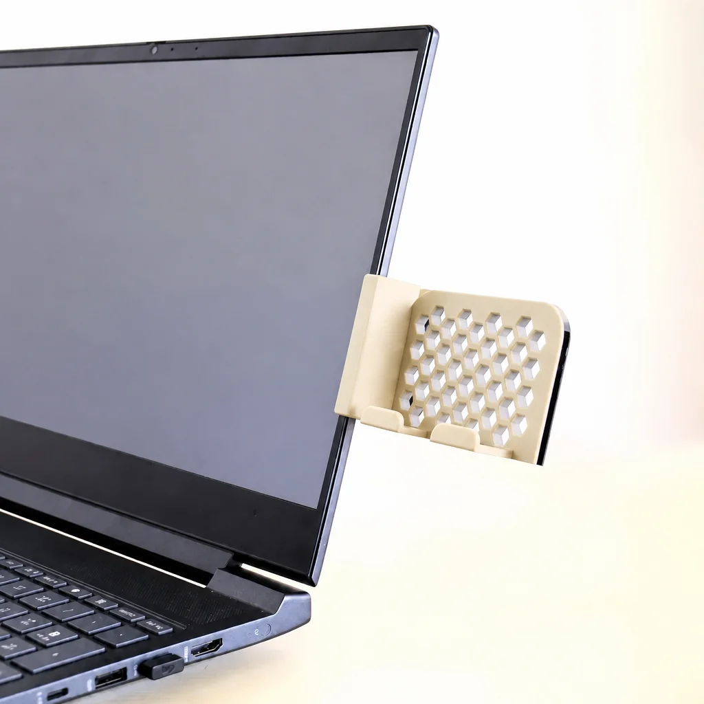 3D Baskı Monitor Telefon Tutucu - Petek Desenli Laptop Kenar Telefon Tutucu-Bej görsel 2