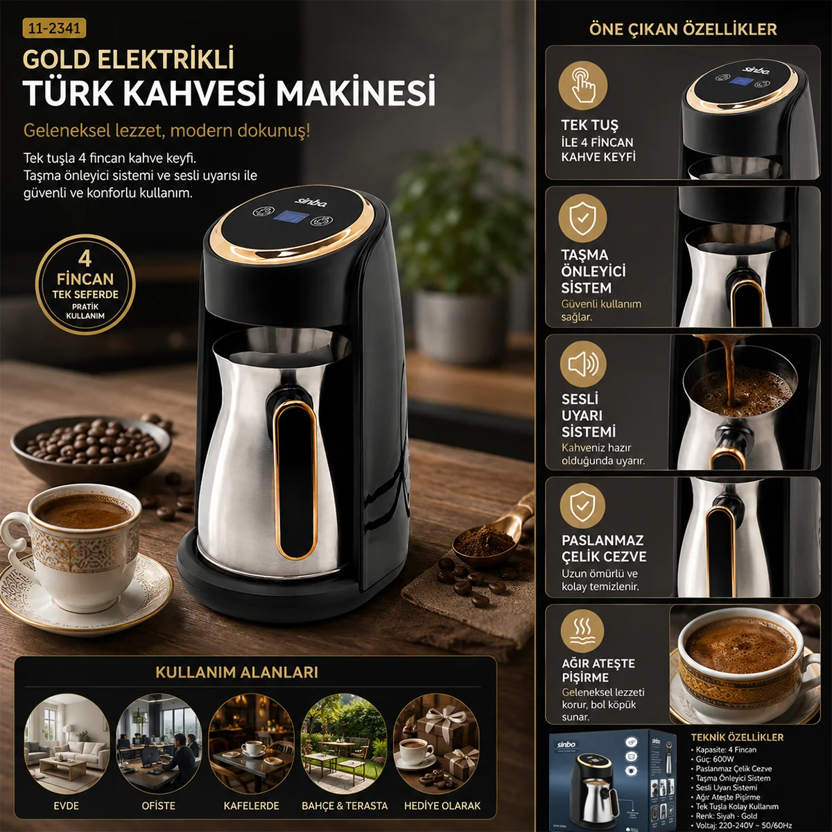 Elektrikli Türk Kahvesi Makinesi Gold Kenarlı görsel 3