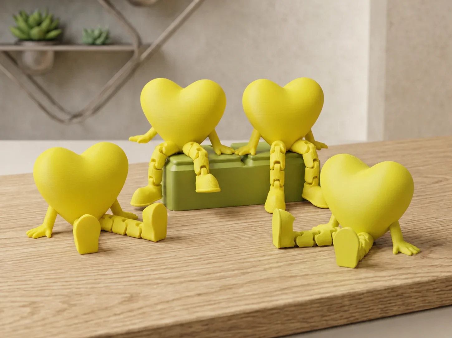 3D Baskı Hareketli Kalp Figürü - Eklemli Dekoratif Oyuncak (1 Adet)-Sarı