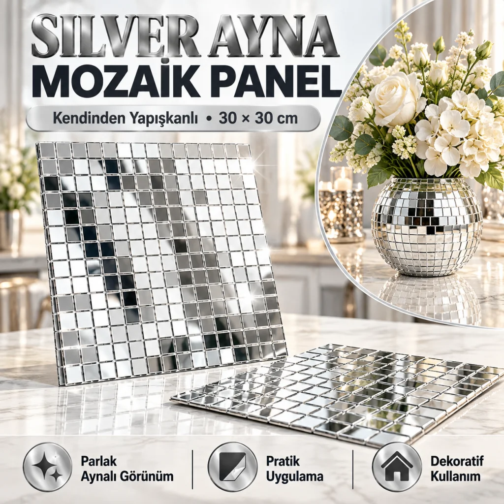 Kare Silver Cam Mozaik Fayans Çıkartmaları El İşi Kare Cam Fayans Kendinden Yapışkanlı Aynalı Dekor Panel 30x30 Cm
