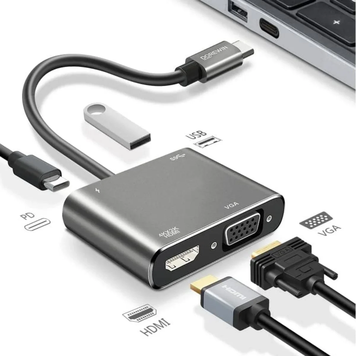 4’ü 1 Arada Type-C to Hub Dönüştürücü Adaptör – 4K Ultra HD HD & VGA Görüntü Aktarımı, PD Hızlı Şarj Destekli, USB Çoklayıcı görsel 2