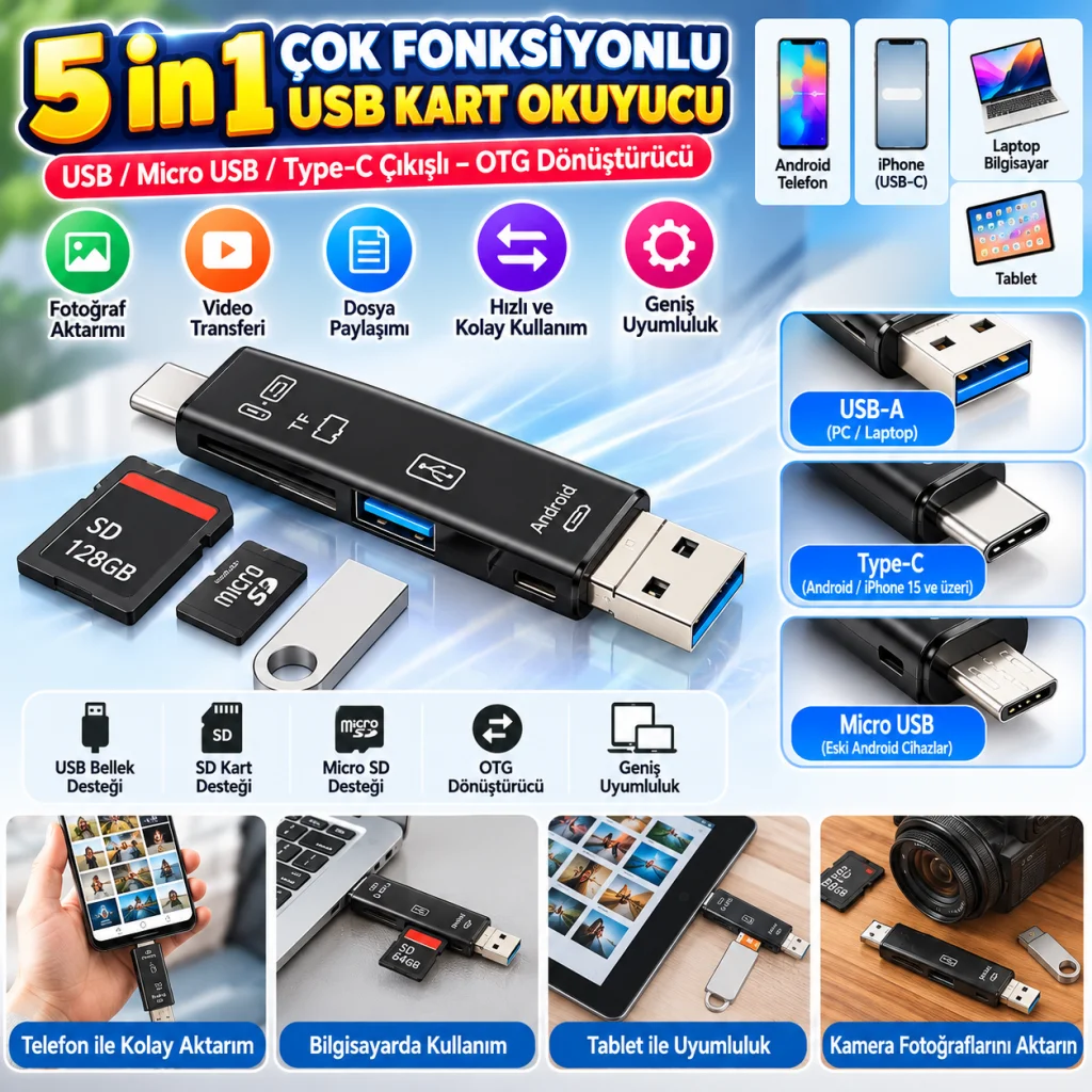 5 In 1 Çok Fonksiyonlu USB 2.0 Micro Sd Kart Okuyucu - Usb/micro Usb/type-C Çıkışlı, Otg Çevirici