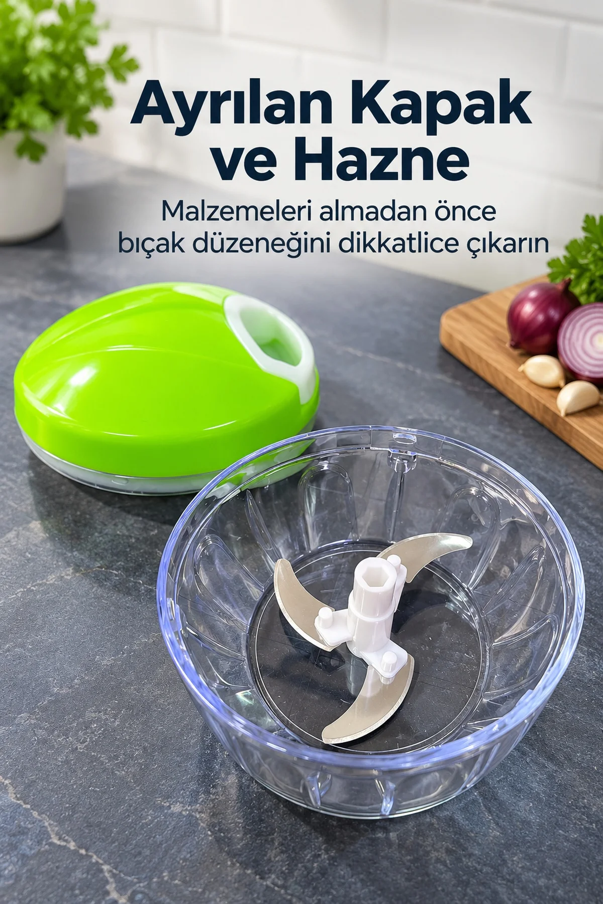 İpli Rondo Yeşil Kapaklı Şeffaf Hazneli Sebze Doğrayıcı görsel 2