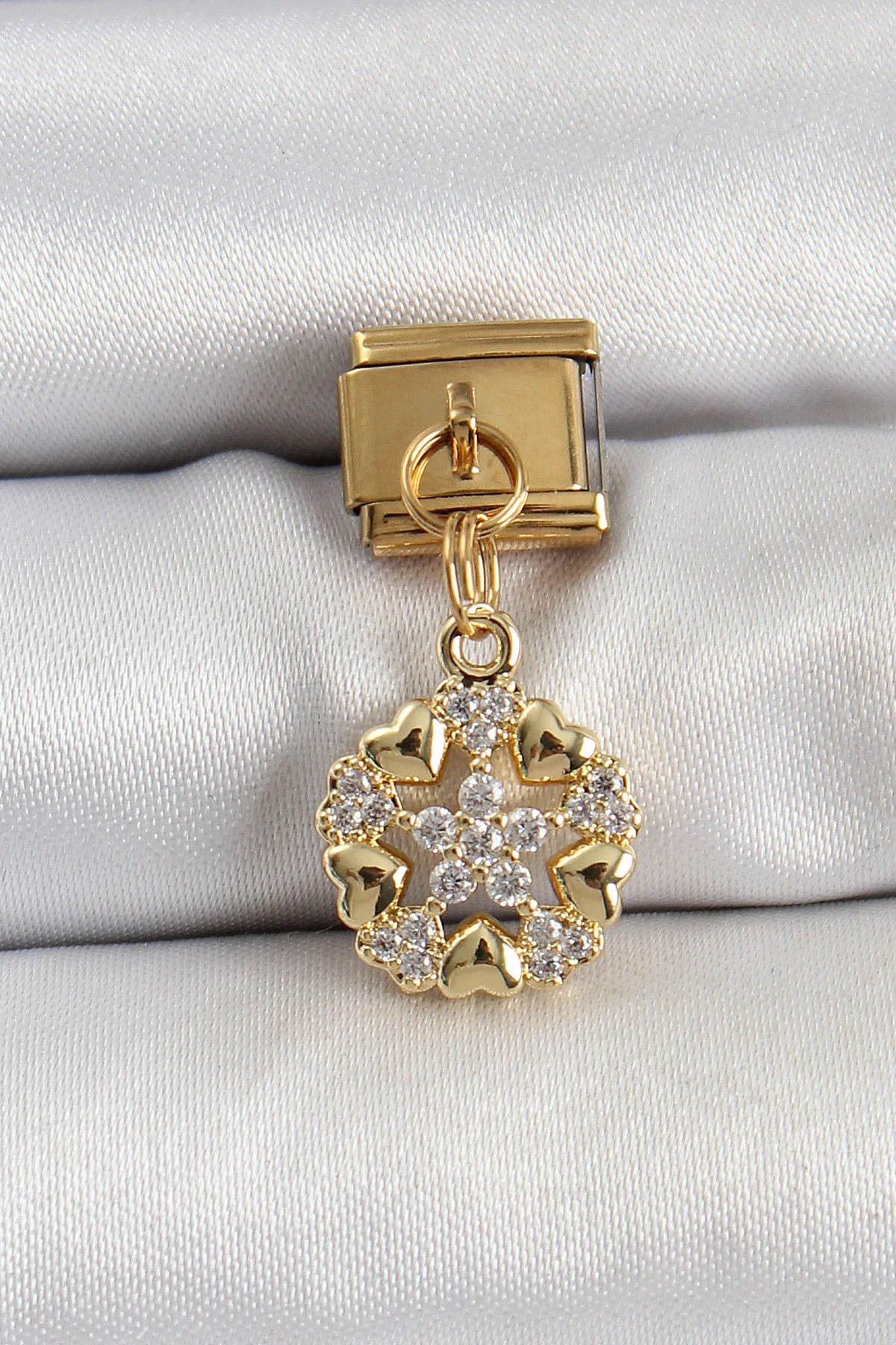 316L Çelik Sallantılı Zirkon Taşlı Kalp Detaylı Yıldz Model Gold Renk Nonation Charm