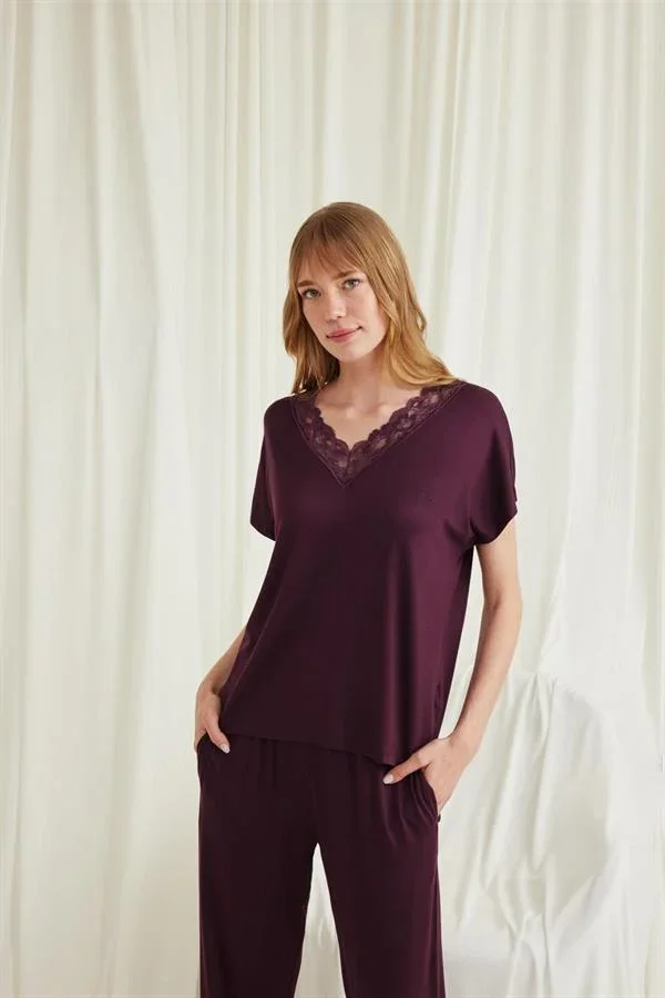 Kısa Kollu V Yakalı Dantelli Viskon Pijama Takımı görsel 4