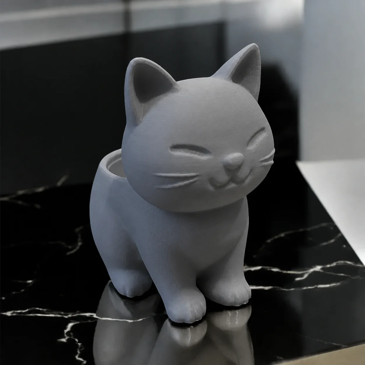 3D Baskı Sevimli Kedi Saksı - Figürlü Sukulent Saksısı-Gri görsel 2