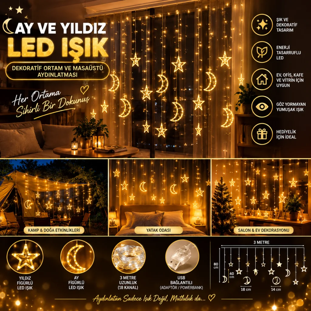Ay ve Yıldız Figürlü Kumandalı 12 Sarkıtlı 120 LED Dekor Işık – Dekoratif Ortam ve Masaüstü Aydınlatması
