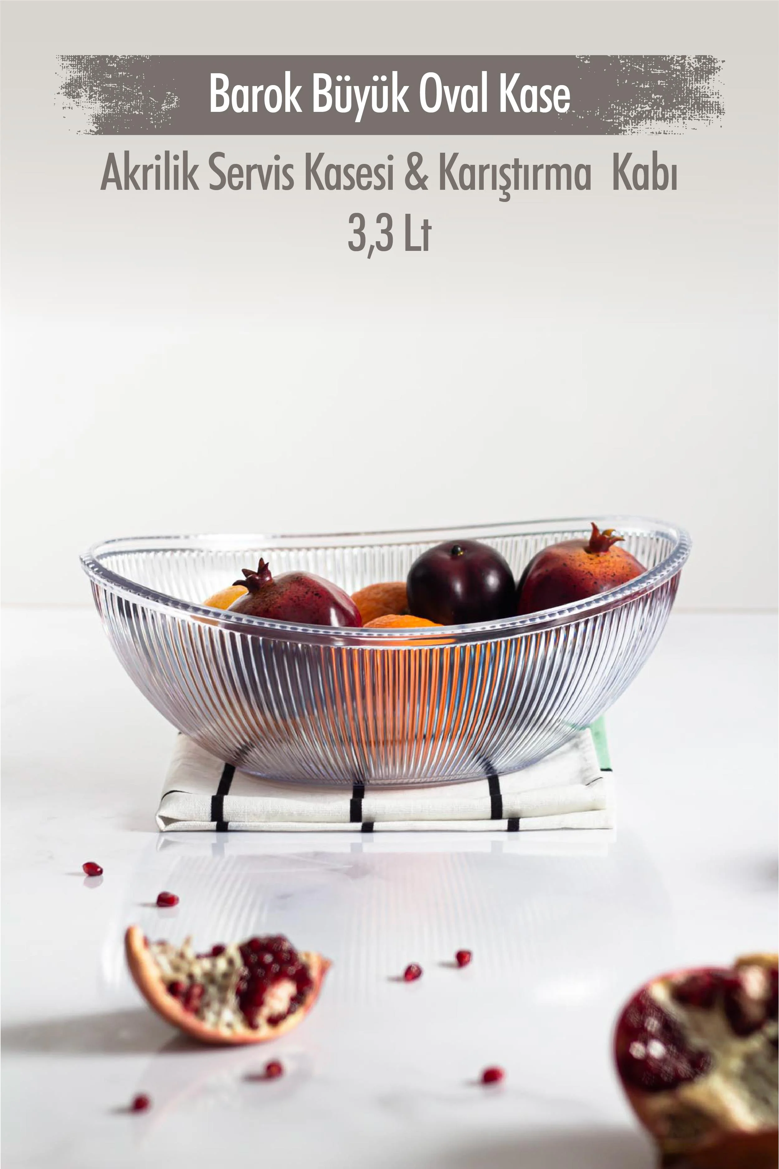 Akrilik Barok Şeffaf Büyük Oval Meyve & Salata Kasesi & Karıştırma Kabı / 3,3 Lt (CAM DEĞİLDİR) görsel 2