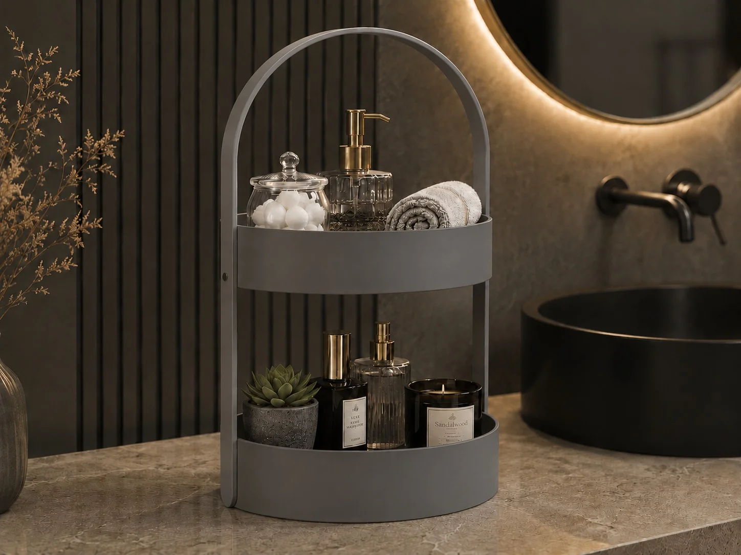 3D Baskı İki Katlı Banyo Düzenleyici - Taşınabilir Organizer ve Saklama Standı-Gri
