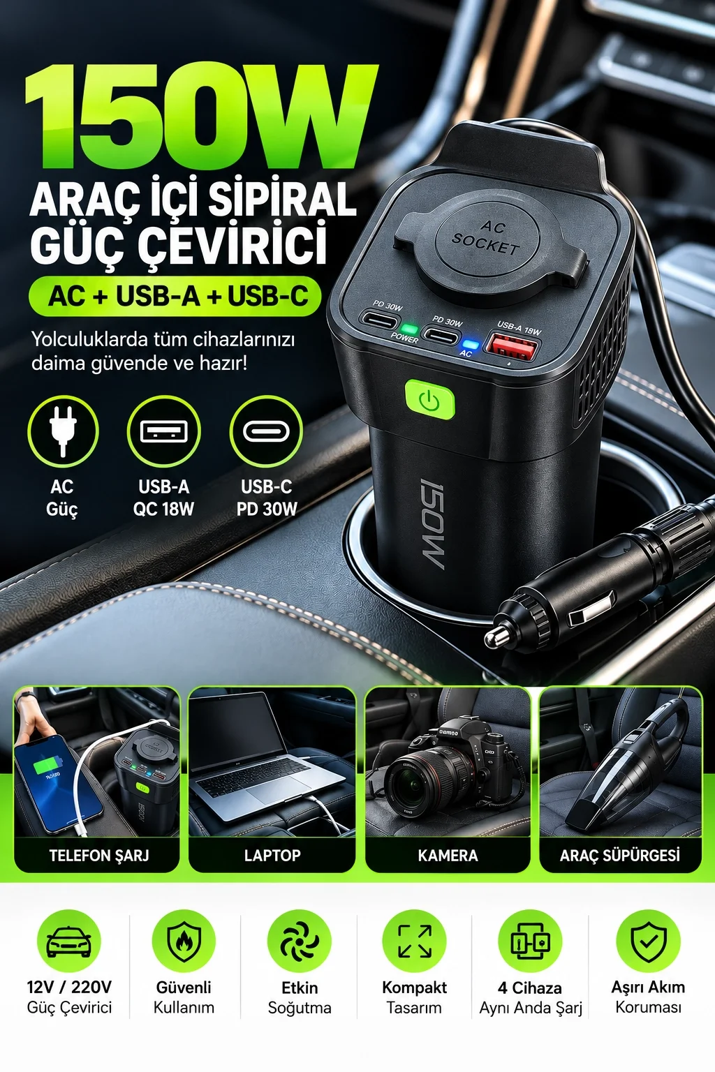 150W Araç İçi Şarj Adaptörü 12V 220V Çakmaklık Girişli 30W Type-C 18W USB Hızlı Şarj