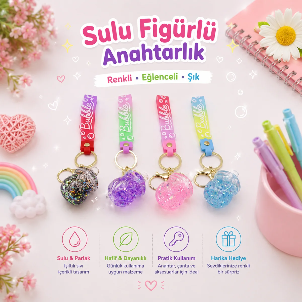 Mika kristal anahtarlık altın kulplu görsel 3