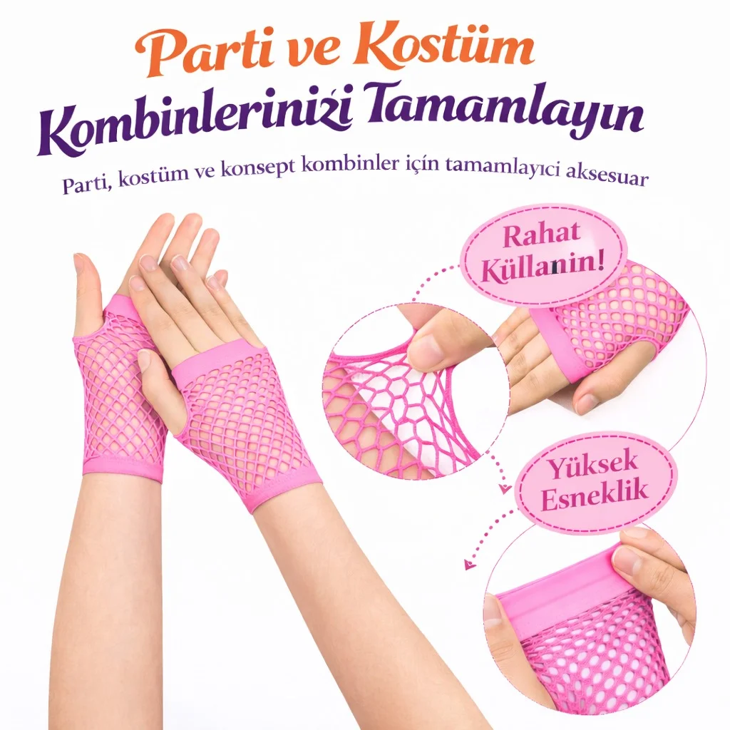 80’ler 90’lar Retro Neon Pembe File Parmaksız Kısa Eldiven 11 cm görsel 2
