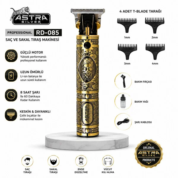 Komple Metal Saç Sakal Traş Makinesi Usb Şarjlı - T Bıçak - RD-085 görsel 2