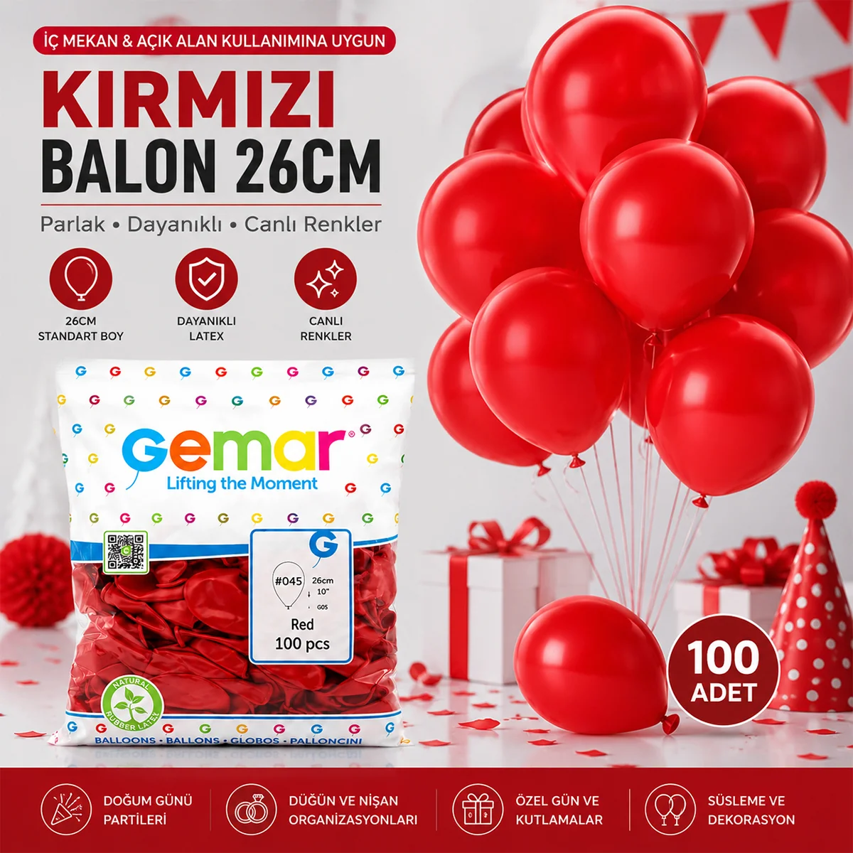 Kırmızı Lateks Balon 26 cm (10'') - 100'lü Paket görsel 3