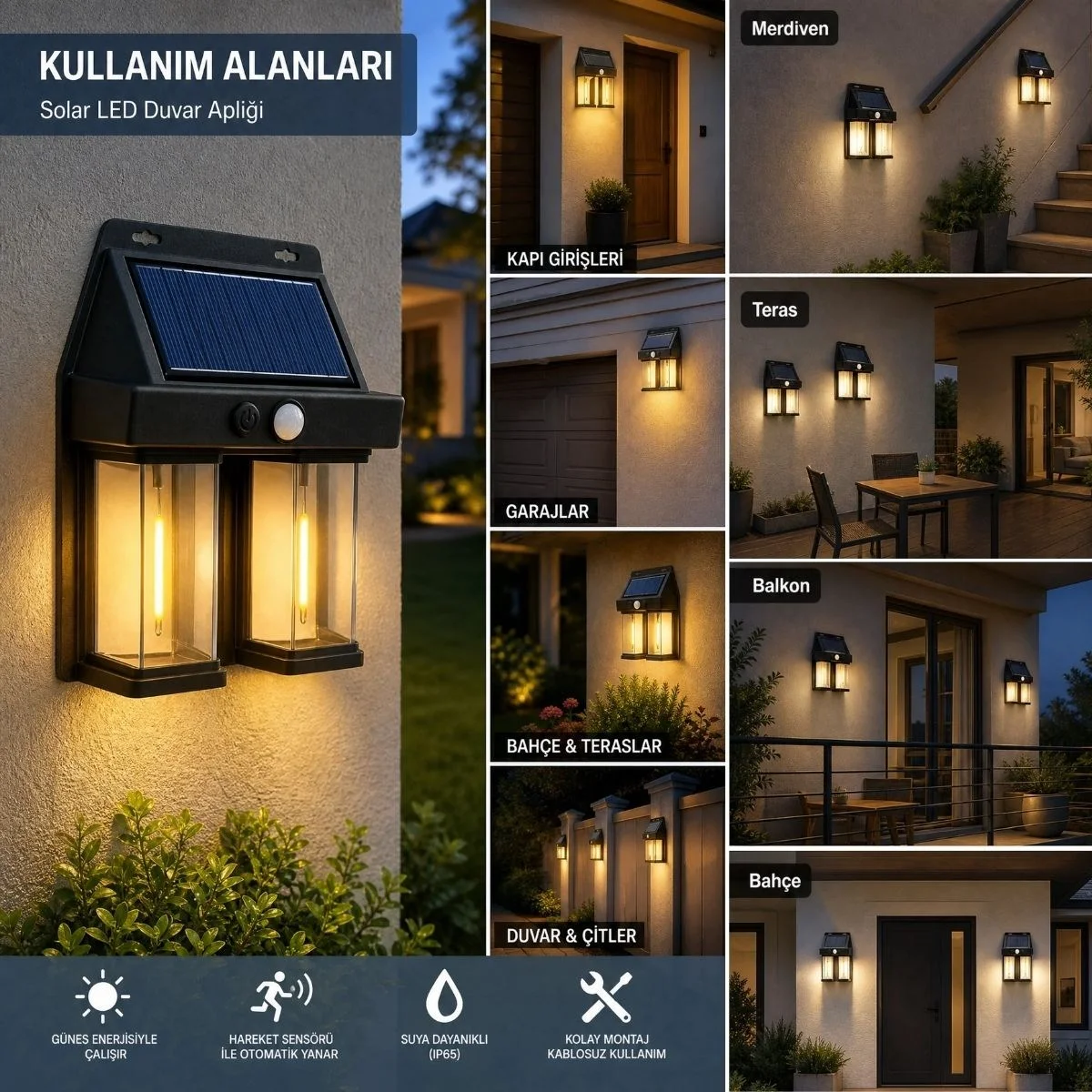 2'li Solar Güneş Enerjili LED Duvar Apliği, Hareket Sensörlü, Şarjlı, Kablosuz Dış Mekân Bahçe ve Kapı Lambası görsel 3