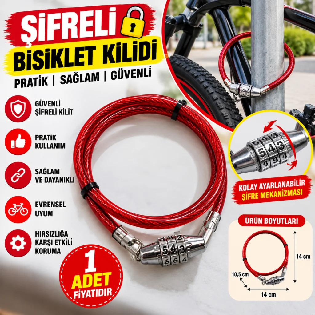 Şifreli Pratik ve Sağlam Bisiklet Kilidi (adet fiyatıdır)