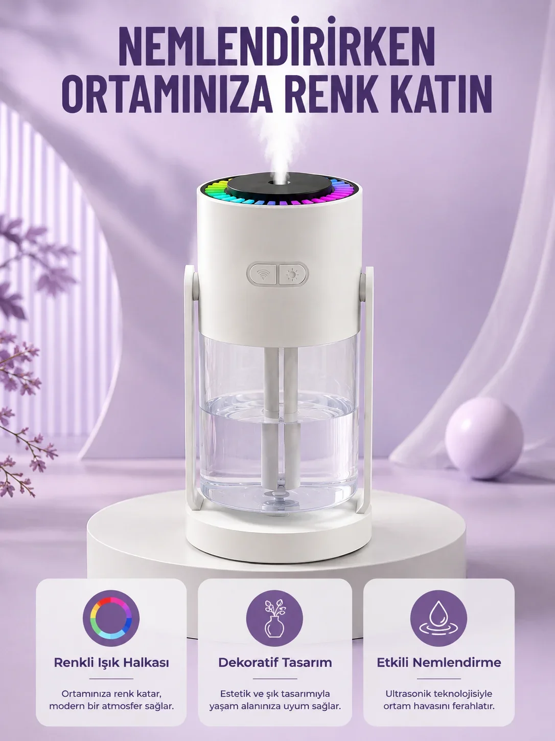 Sessiz Hava Nemlendirici Renkli Gece Işıklı Otomatik Kapanma Özellikli Nemlendirme Cihazı