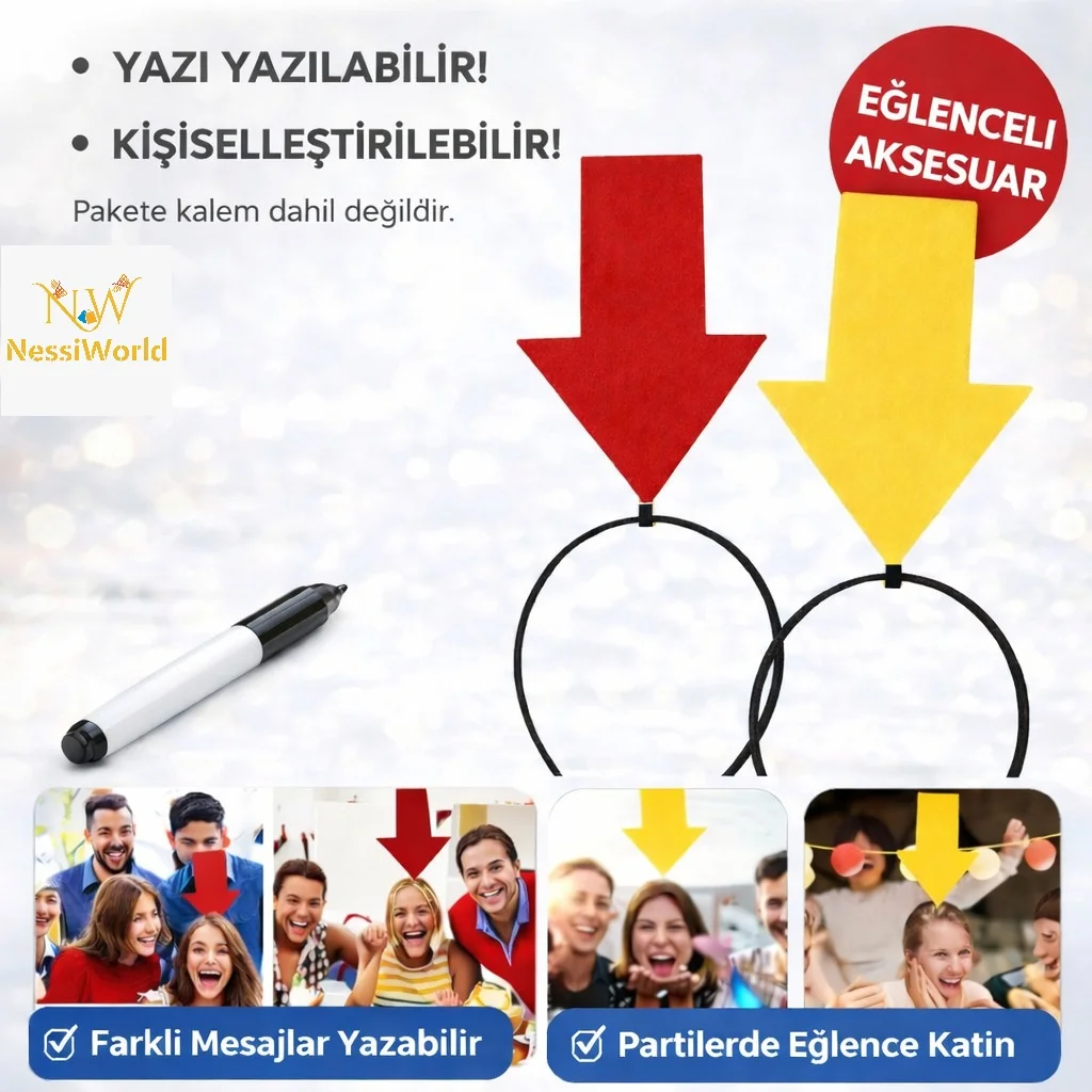 Kişiselleştirilebilir Ok İşaretli Mesaj Tacı (2’li Set Sarı-Kırmızı)