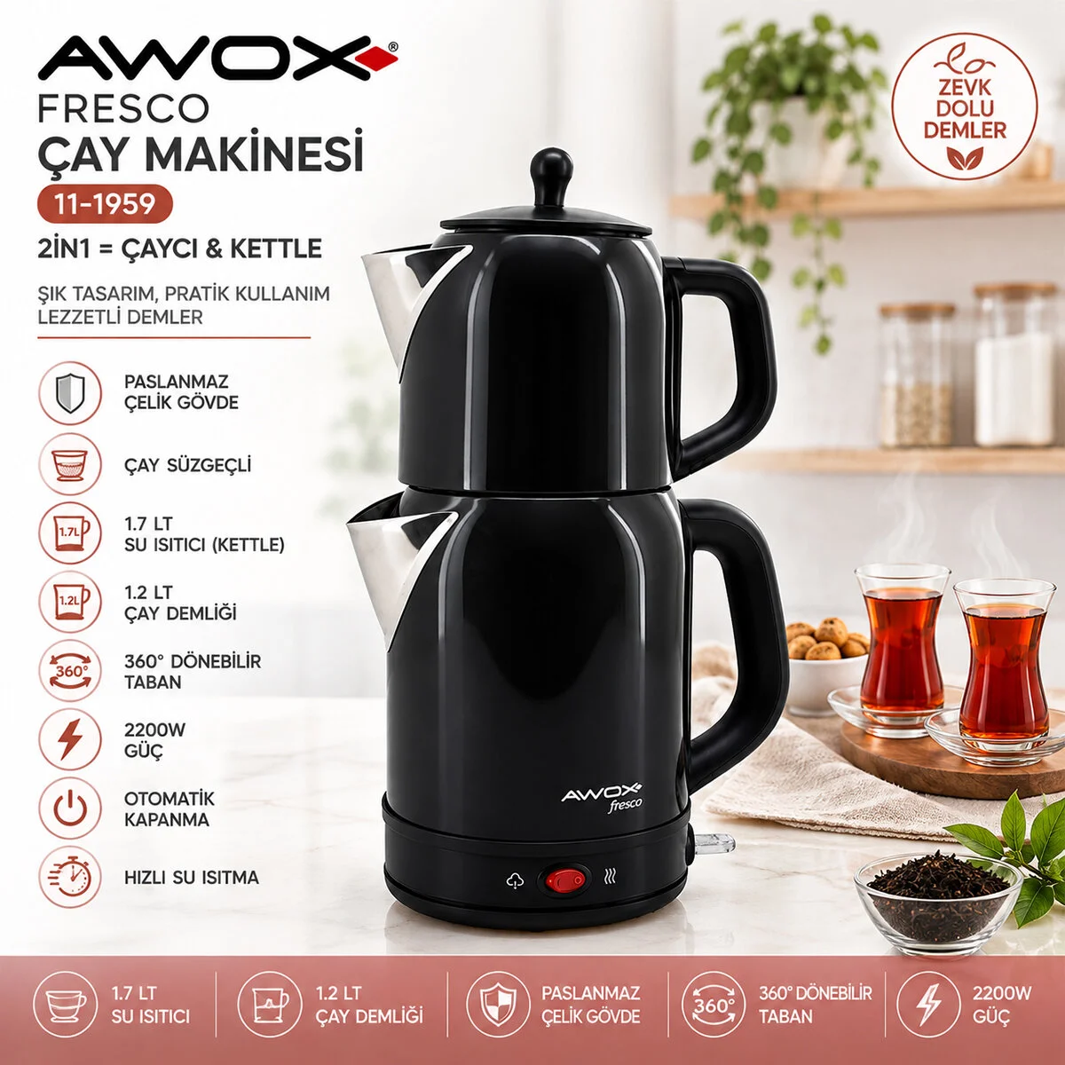 Awox Fresco Siyah Elektrikli Çay Makinesi Çaycı Set 1.7LT Su Isıtıcı + 1.2LT Demlik Paslanmaz Çelik Gövde 2200W görsel 2