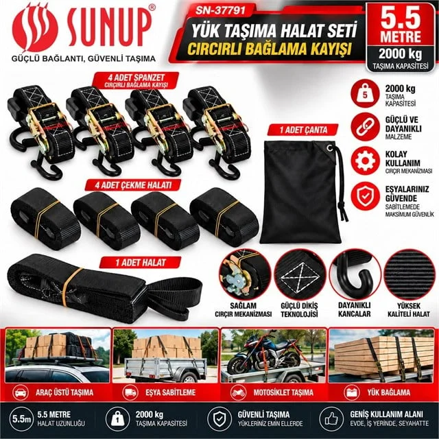 SN-37791 5,5 Metre Yük Taşıma Halat Seti Cırcırlı Bağlama Kayışı Spanzet 2000KG görsel 4