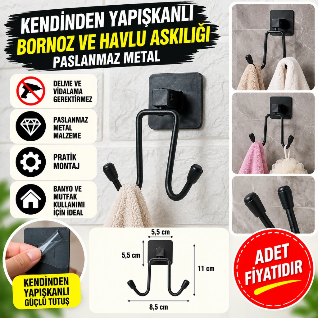 Kendiliğinden Yapışkanlı Siyah Paslanmaz Metal Bornoz ve Havlu Askılığı (adet fiyatıdır)