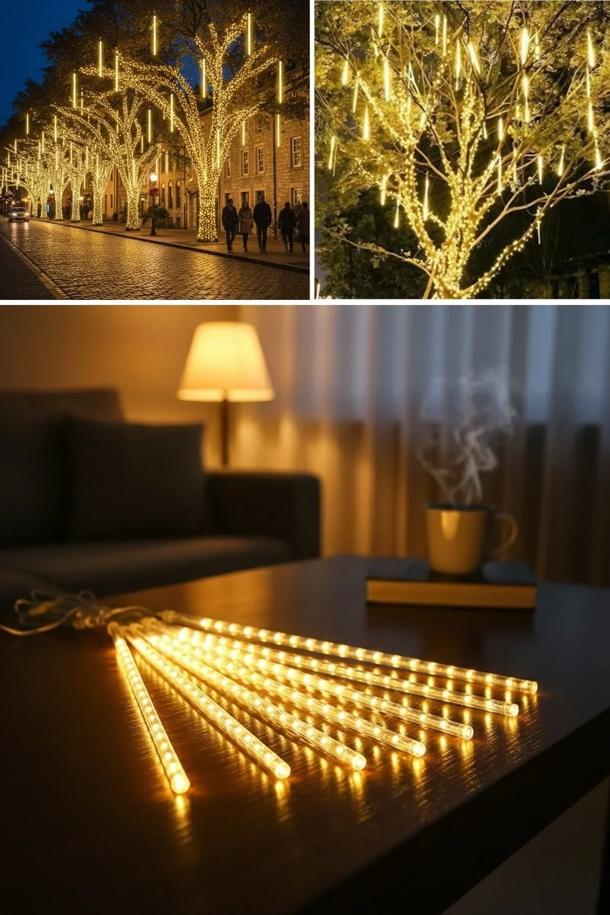 10'lu 45 cm Plastik Meteor LED USB 2M Kablo Sarı Renk Ağaç Işığı – Renk Değiştiren Asmalı Dekoratif Bahçe ve Dış Mekan Aydınlatması görsel 8