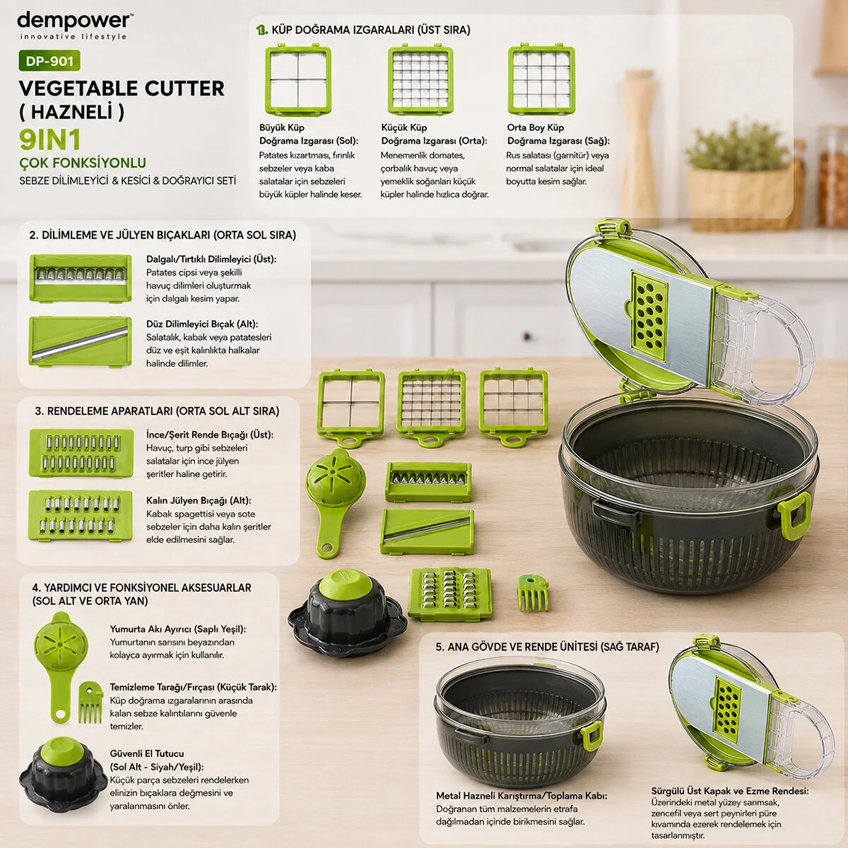 Vegetable Cutter Hazneli 9IN1 Çok Fonksiyonlu Sebze Dilimleyici - Kesici - Doğrayıcı Seti DP-901 görsel 3