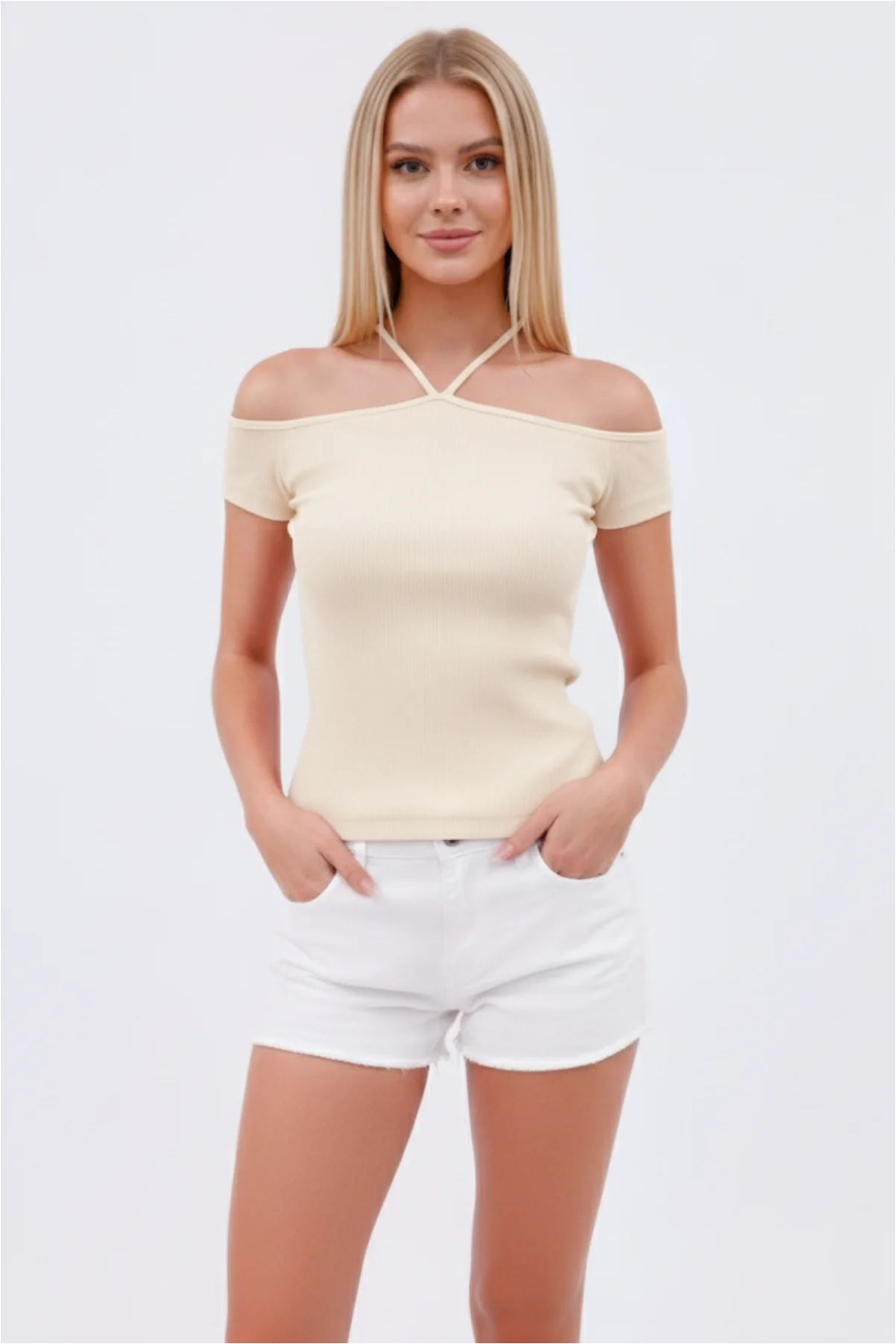 Kadın İp Detaylı Esnek Kaşkorse Crop Bluz görsel 2
