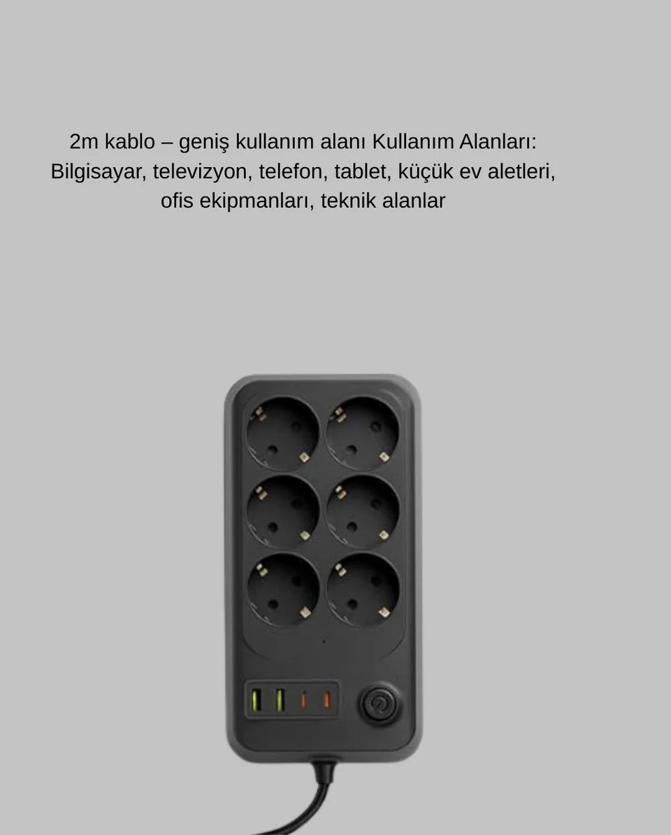 Akım Korumalı 6’Lı Priz 2xUSB 2xType-C Çıkış Yüksek Gerilim Koruma Çoklu Priz Çoğaltıcı görsel 4