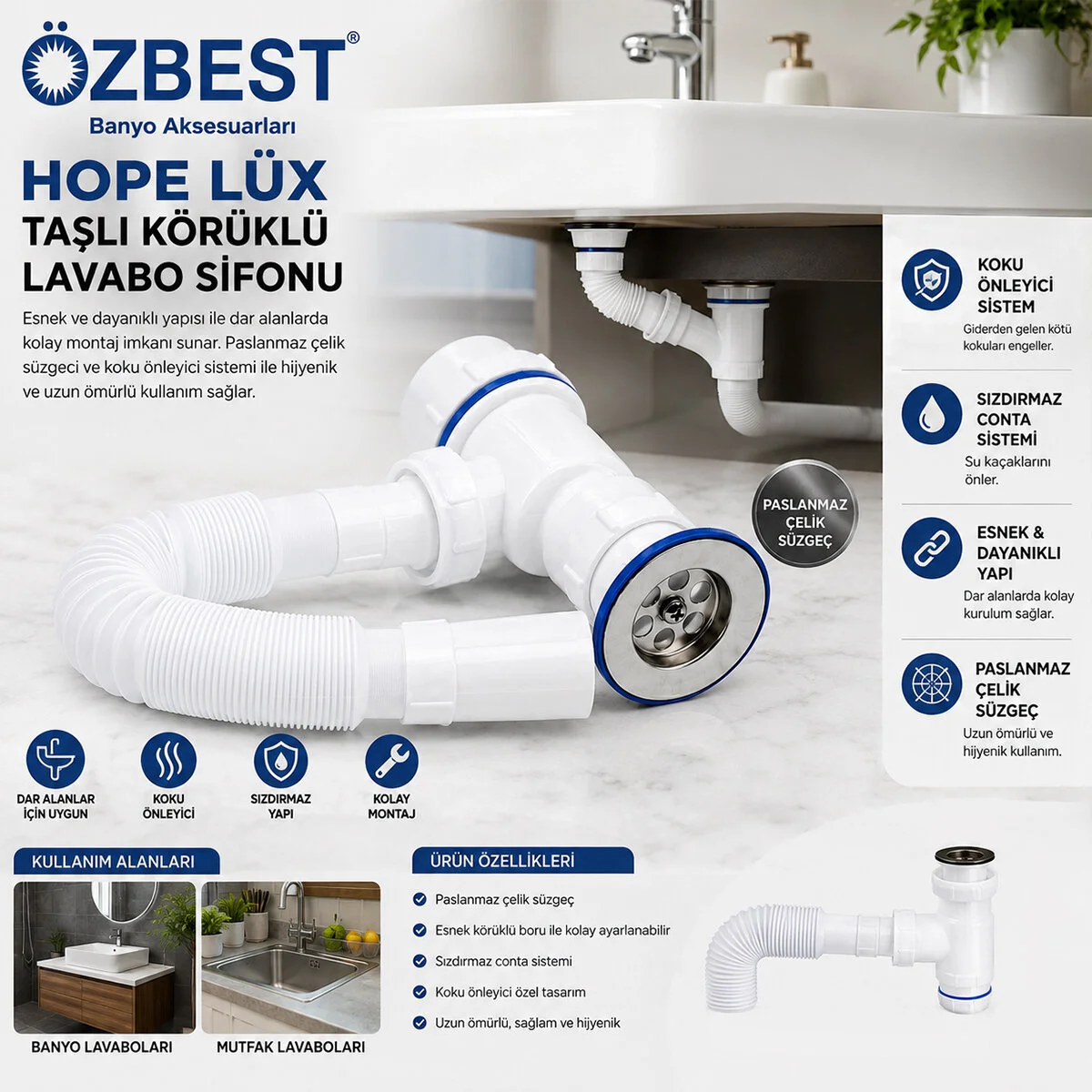 Lüx Paslanmaz Taşlı Körüklü Lavabo Sifon görsel 2