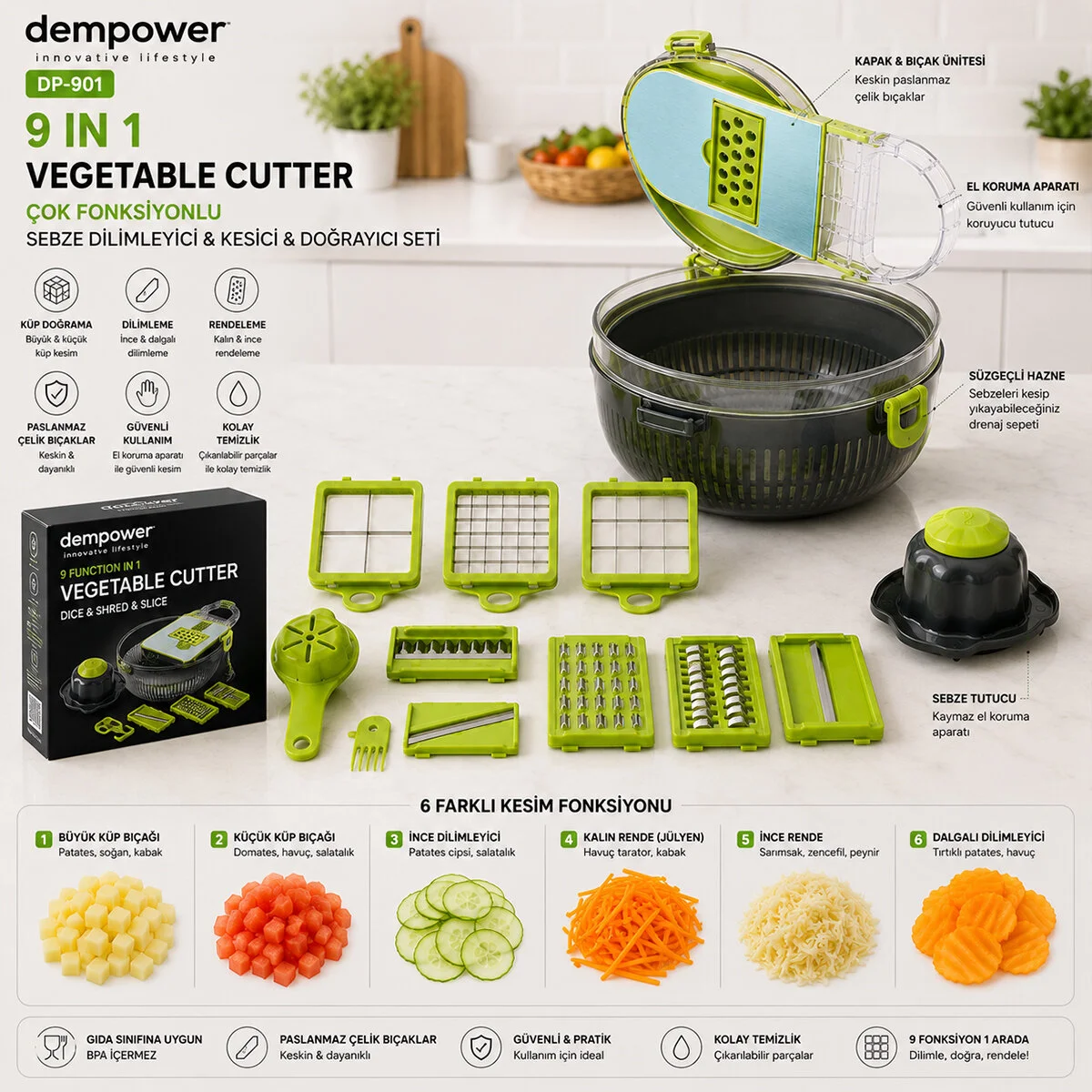 Vegetable Cutter Hazneli 9IN1 Çok Fonksiyonlu Sebze Dilimleyici - Kesici - Doğrayıcı Seti DP-901 görsel 4