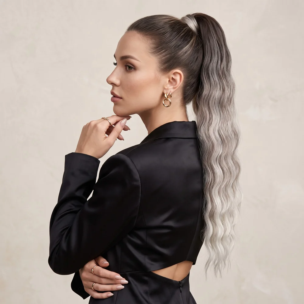 Lastik Tokalı At Kuyruğu Su Dalgalı - Koyu Kumral / Gümüş Platin Ombre
