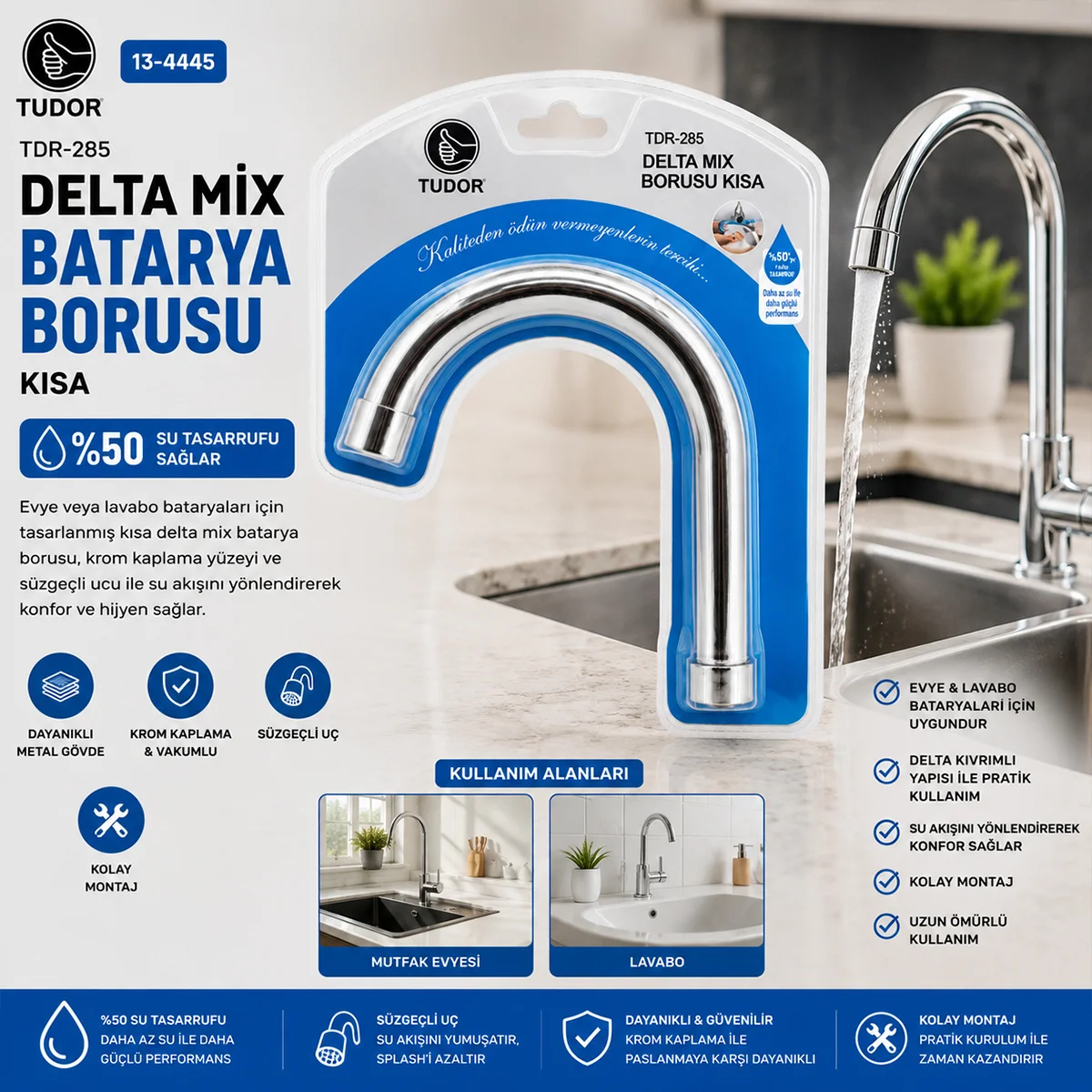 Kısa Evye-Lavabo Batarya Borusu (Krom, Süzgeçli Uç) görsel 2