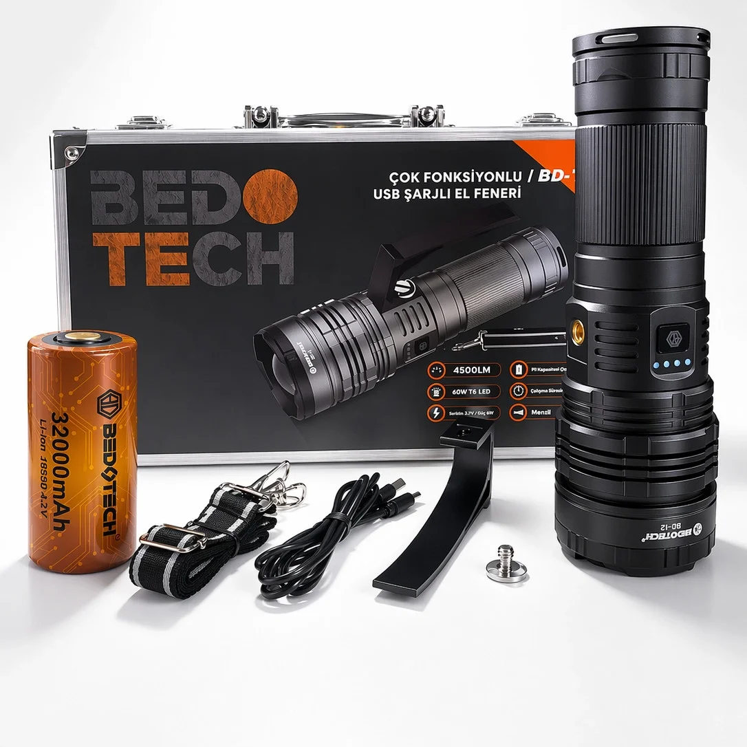 BD-12 60W TG LED Alüminyum Alaşımlı Zoomlu Type-C Şarjlı El Feneri görsel 3