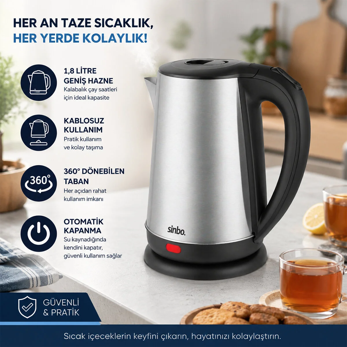 Çelik Kettle Su Isıtıcısı Kablosuz Kullanım 1.8LT 360 Derece Dönebilme Otomatik Kapanma SK-8026 görsel 2