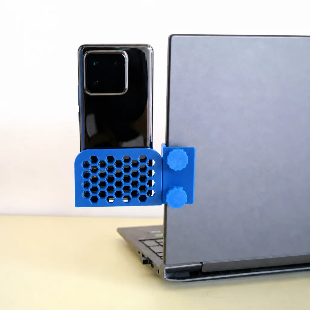 3D Baskı Monitor Telefon Tutucu - Petek Desenli Laptop Kenar Telefon Tutucu-Mavi görsel 3