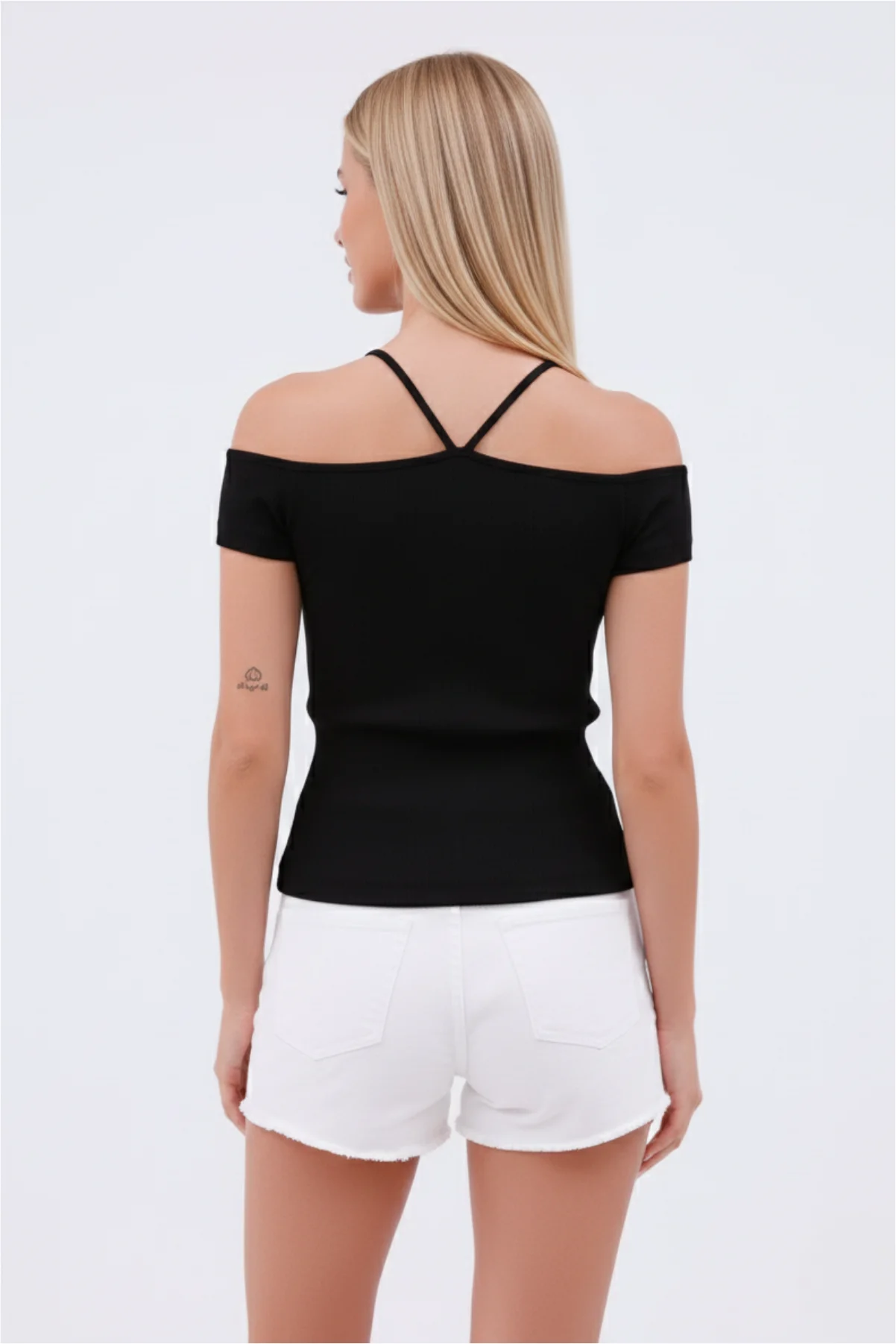 Kadın İp Detaylı Esnek Kaşkorse Crop Bluz görsel 4