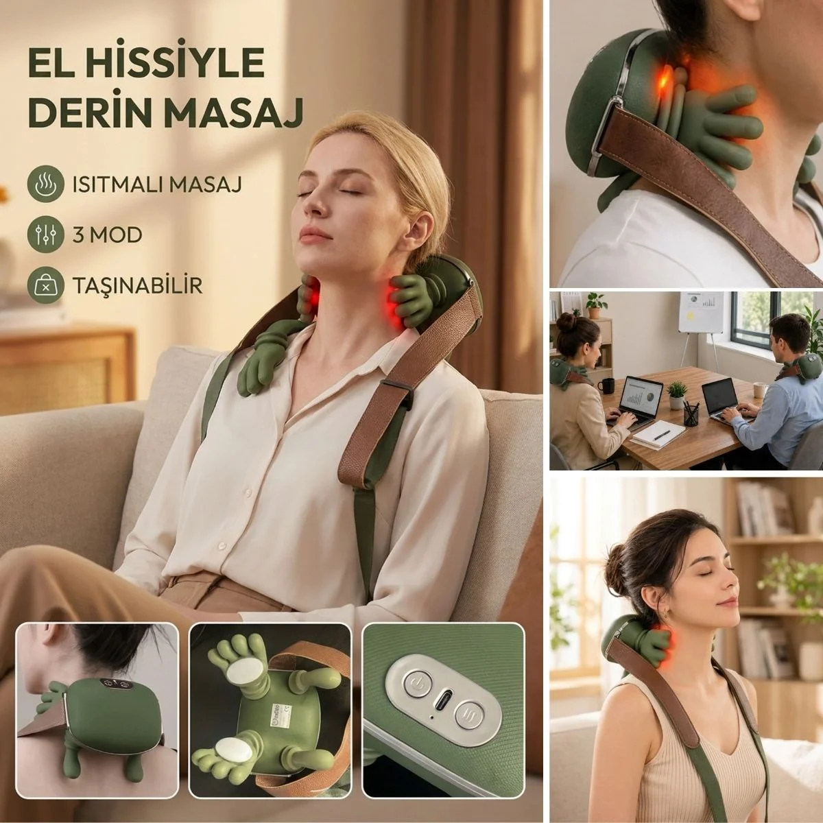 Şarjlı Isıtmalı Boyun ve Omuz Masaj Aleti Parmak Hareketini Taklit Eden Yoğurma Masaj Cihazı görsel 5
