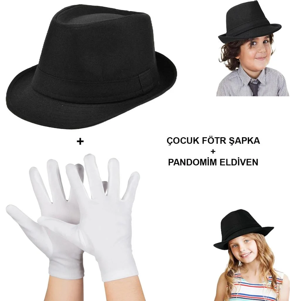 Çocuk Sahne Performans Seti – Gösteri Fötr Şapka ve Eldiven görsel 2