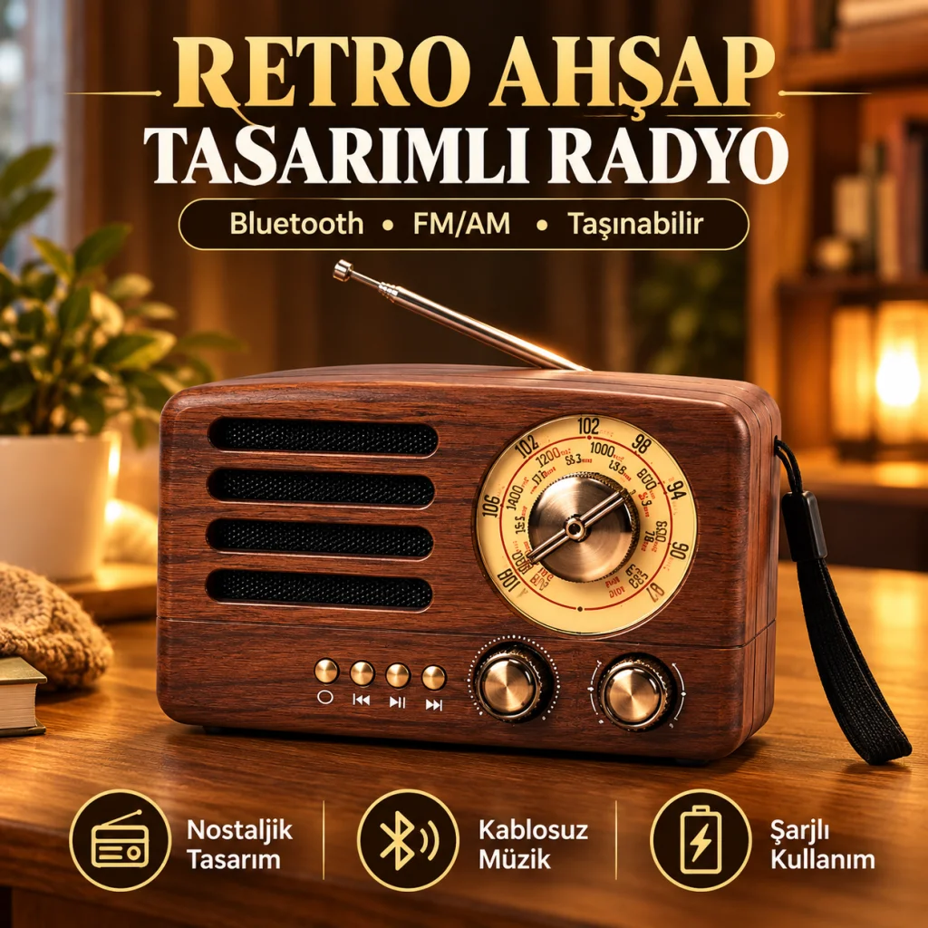 Küçük Boy Retro, Nostaljik, Ahşap Tasarım Bluetooth Hoparlörlü, Şarjlı, Taşınabilir Büyük Döndürülebilen Düğmeli FM/AM Destekli Radyo NS3380