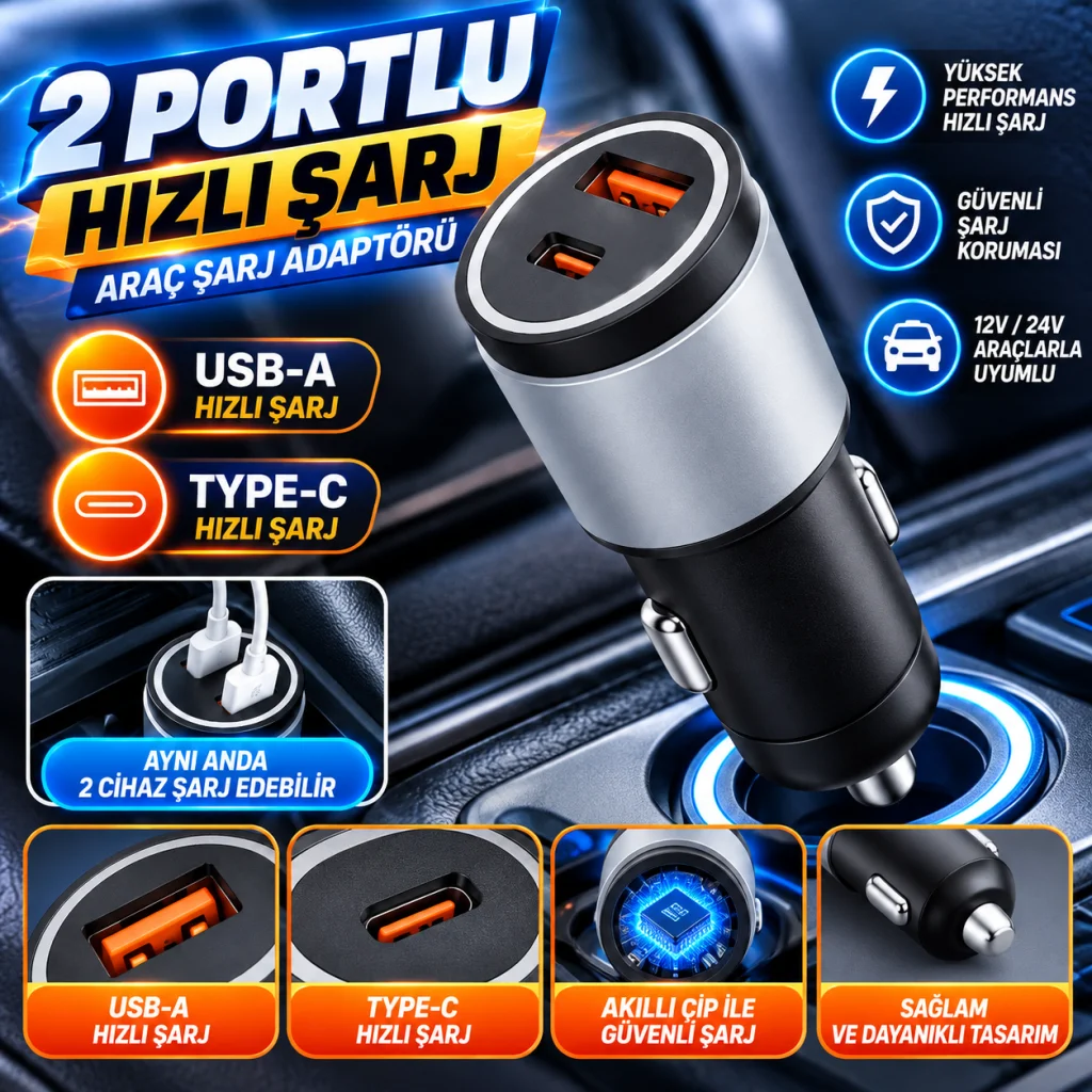 Araç İçi Çakmaklığa TakılanType-C ve USB Girişli 2 Portlu Hızlı Şarj Adaptörü