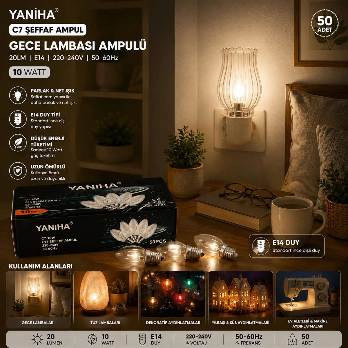 50 Adet Şeffaf Gece Lambası Ampul E14 - 10W C7 görsel 2