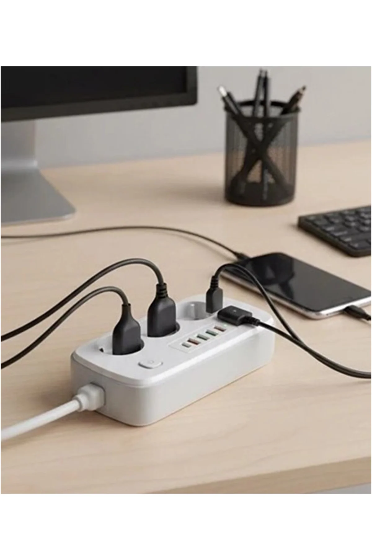 Akım Korumalı Priz ve Masaüstü Şarj İstasyonu Kablosuz 3 Priz,4 USB, 2 Type-C Girişli 2 Metre görsel 3