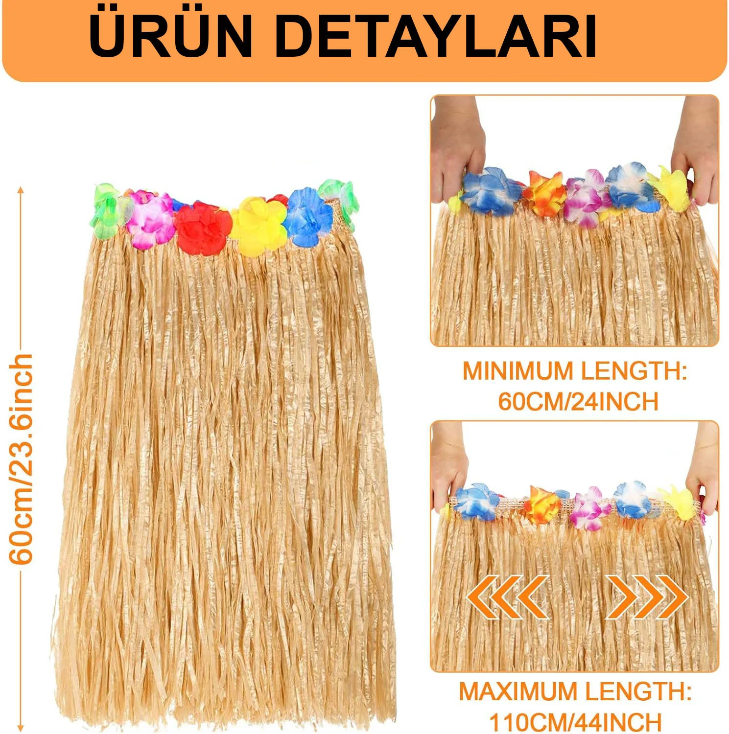Hawaii Tarzı Hula Eteği – 60 cm Hasır Naturel Etek görsel 2