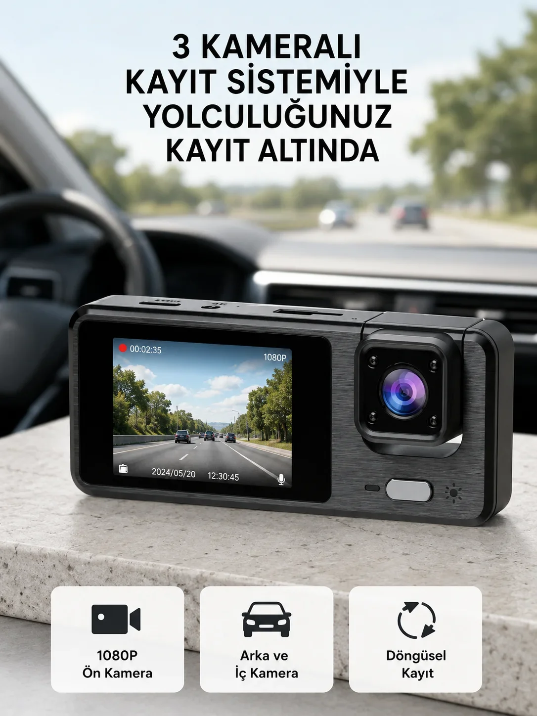 Park Modlu 3 Kameralı Araç Kayıt Cihazı 1080P Ön Kamera 2’’ Ekran