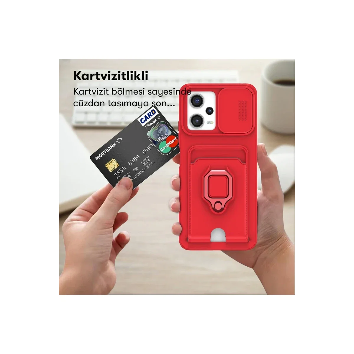 Xiaomi Redmi Note 12 Pro 5G Kılıf Zuma Kartvizitli Yüzüklü Silikon - Kırmızı görsel 5