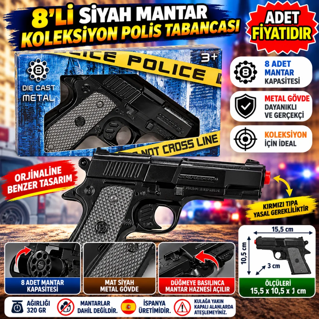8 li Siyah Mantar Koleksiyon Polis Tabancası (adet fiyatıdır)
