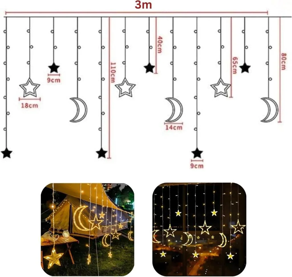 Ay ve Yıldız Figürlü Kumandalı 12 Sarkıtlı 120 LED Dekor Işık – Dekoratif Ortam ve Masaüstü Aydınlatması görsel 4
