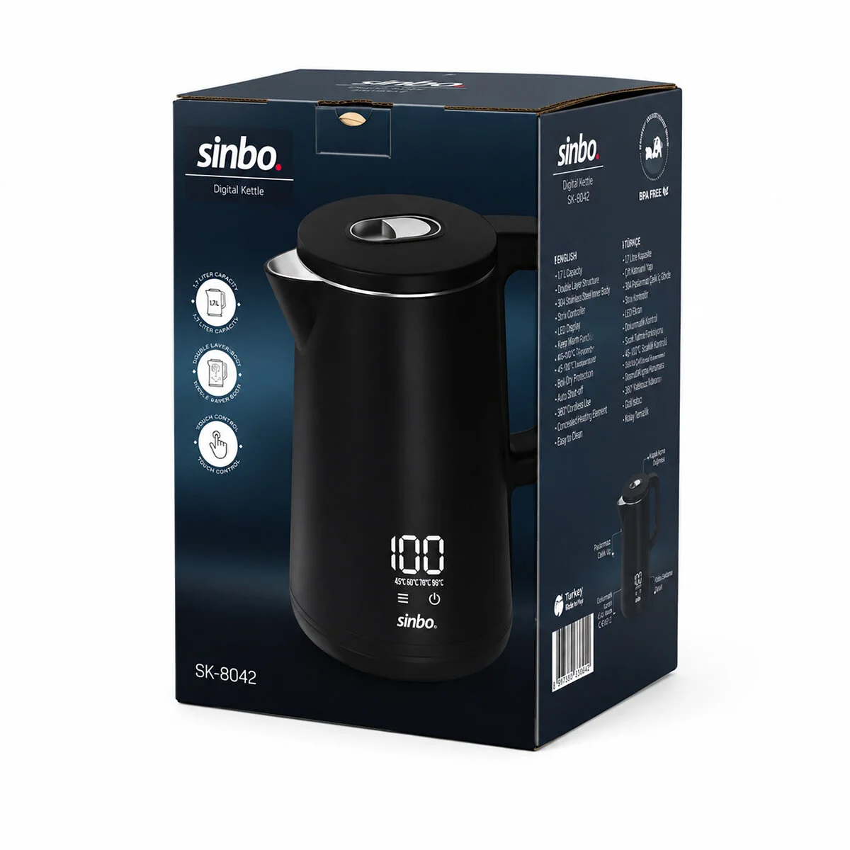 1.8L 1500W Plastik Kapak - Dokunmatik Ekran Dijital Kettle Su Isıtıcısı Kablosuz Kullanım SK-8042 görsel 3