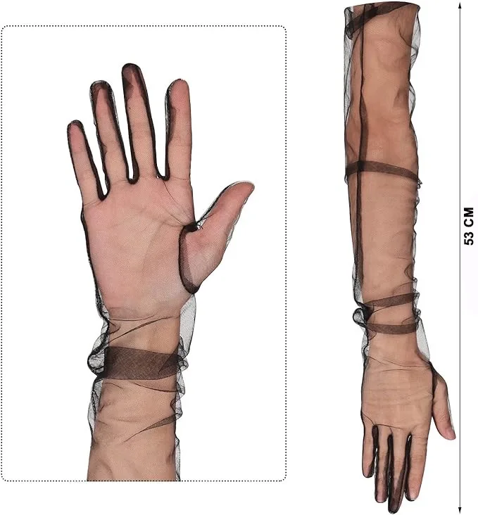 Uzun Boy Likralı Siyah Renk Yetişkin Mega Tül Eldiven 53 Cm görsel 3